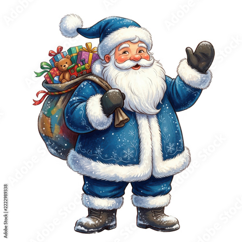 Happy santa claus wearing a blue suit carrying a sack of christmas gifts and waving his hand isolated on white background