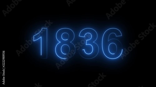 Luminous Blue Neon Light Number 1836 Glowing Sign Board Isolated on Pure Dark Black Background