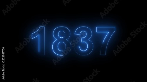 Luminous Blue Neon Light Number 1837 Glowing Sign Board Isolated on Pure Dark Black Background