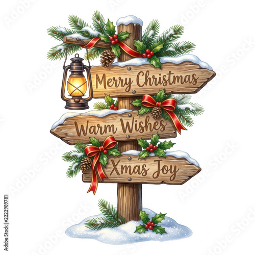 Rustic wooden christmas signpost with festive decorations and a glowing vintage lantern in the snow isolated on white background