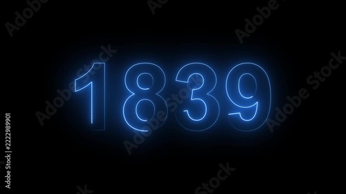 Luminous Blue Neon Light Number 1839 Glowing Sign Board Isolated on Pure Dark Black Background