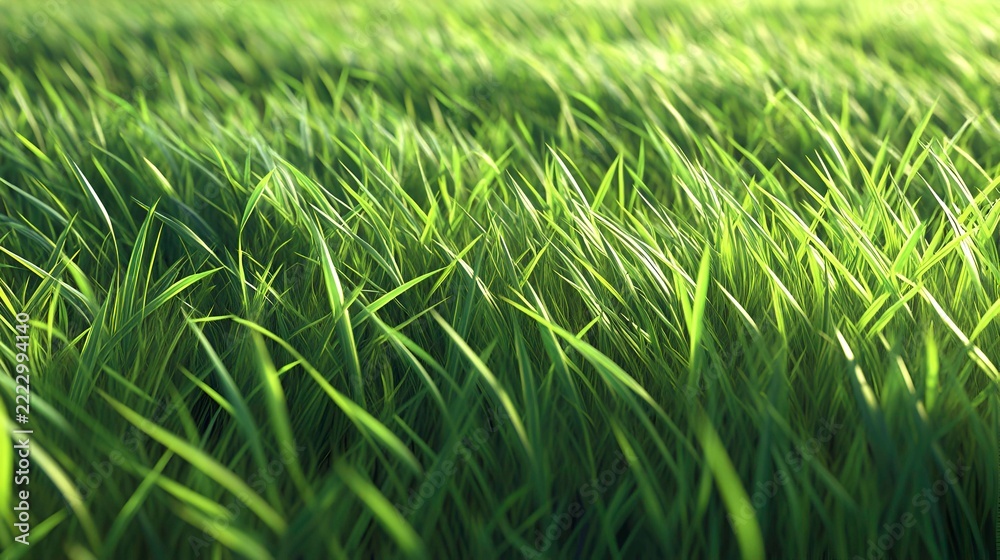 Fototapeta premium Close up view of bright green grass blades forming a dense field background with background sharp details create dense vivid high resolution natural light vegetation with gigapixel
