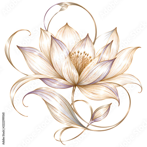Elegant floral illustration of a lotus blossom with delicate swirls and neutral tones
