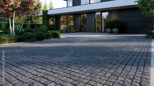 Low Angle View of Paved Driveway and Modern Home / ローアングルで見る舗装された車寄せとモダン住宅