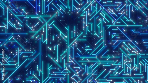 Network data circuits pulsing and glowing, abstract background loop. Futuristic technology concept.