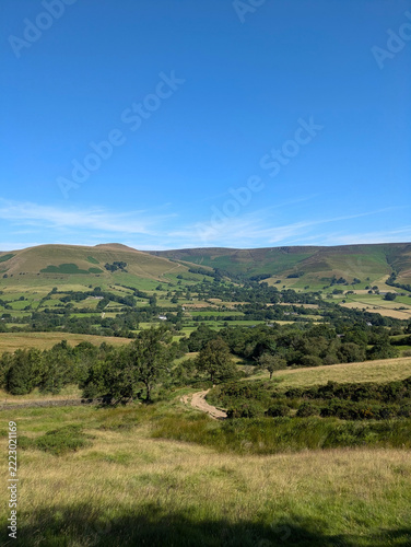 Green Rolling Hills and Meadow Under a Clear Blue Sky in the Peak District, England