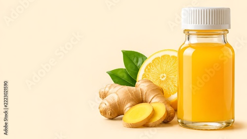 Premium Ginger and Lemon Wellness Shot Bottle With Natural Ingredients for Healthy Lifestyle Beverage Branding, Clean Nutrition Product Marketing and Ecommerce Advertising