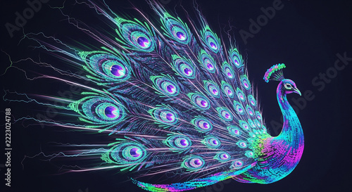 Vibrant peacock with glowing electric feathers made from digital particles and light