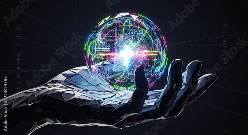 Polygonal robotic hand holding a glowing sphere of digital network data