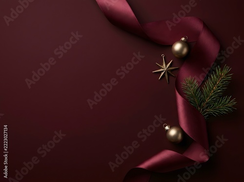 Christmas festive background featuring maroon silk ribbon and golden ornaments with fir branches for holiday season invitations.