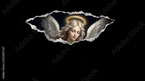 An all-black image with an angel emerging from it, scratching the image.