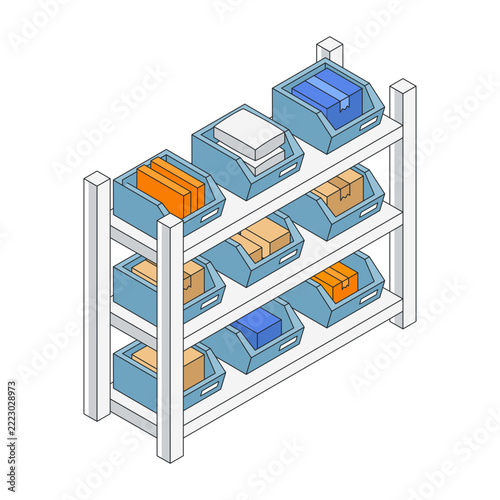 A white shelving unit holds blue bins, orange trays, ys and tan parcels on angled shelves. Open containers occupy the top tier above the braced frame.