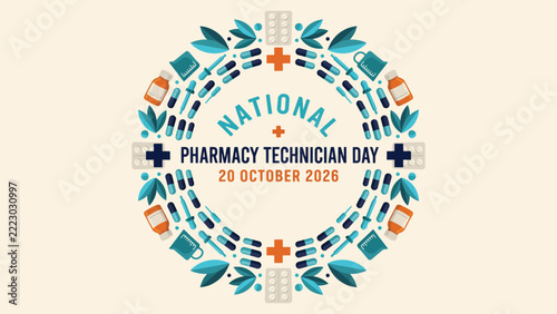 National pharmacy technician day celebration badge with medical vector illustration