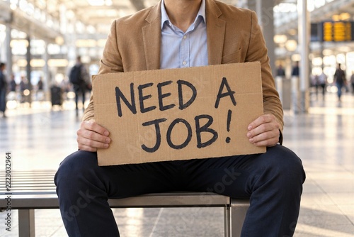 Unemployed Man Holding Need a Job Sign in Public Station, Job Search, Unemployment, Career Crisis, Hiring and Employment Opportunity Concept