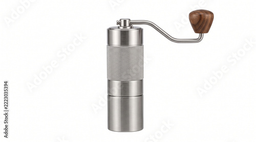 Modern stainless steel coffee grinder with wooden handle for fresh brewed coffee beans