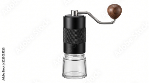 Modern manual coffee grinder with wooden handle and clear glass jar for fresh brewing