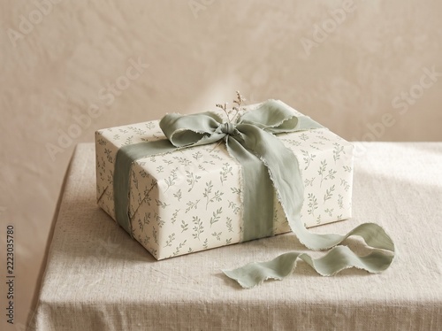 A beautifully wrapped gift box with floral patterned paper and a sage green silk ribbon bow on a linen-covered table