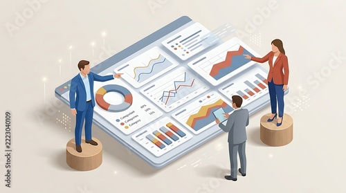 Business team analyzing financial data charts and graphs on digital screens, isometric illustration