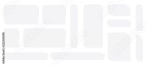 Glass liquid ui button set with transparent 3d effect - rectangle frame box elements in various sizes and proportions, glossy morphism style borders for modern interface design on light background.
