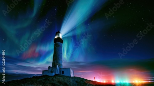 Lighthouse shines brightly under northern lights in a dark sky at night