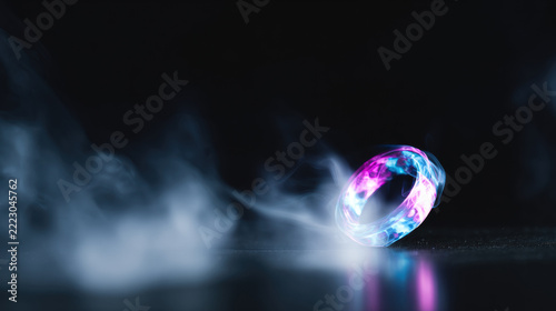Colorful ring surrounded by smoke on a dark surface at night