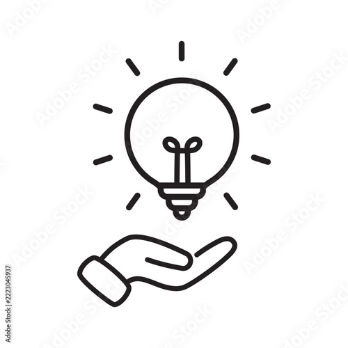 Outline hand drawn light bulb lamp on hand icon.
