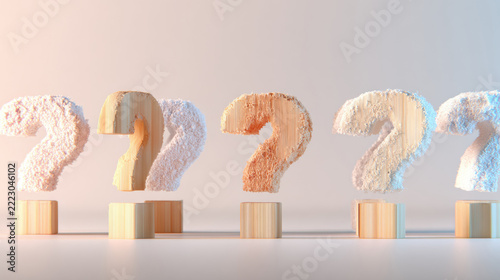 Wood and snow question marks on display in an art installation