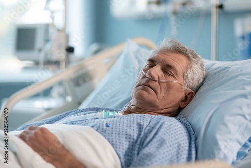 Sick male patient lying on hospital bed, receiving care and treatment in a quiet room with medical equipment