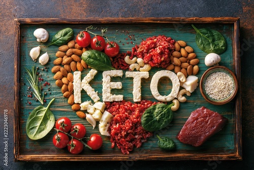Ingredients arranged in heart shape with word keto on wooden tray with various foods and vegetables
