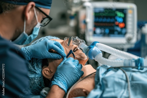 Performing orotracheal intubation on a medical mannequin in a simulation lab setting for training purposes