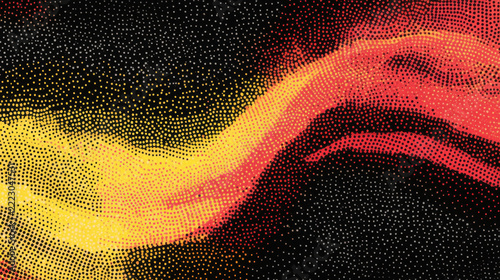 Vibrant colors create a dynamic abstract pattern with warm hues blending on a dark background, emphasizing movement and rhythm