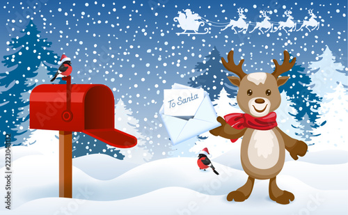 Funny Fawn with Santa letter and mailbox against winter forest background and Santa Claus in sleigh with reindeer team flying in the sky.