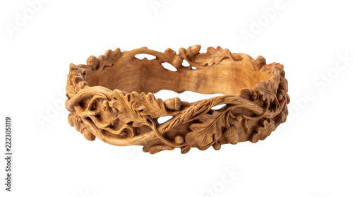 Carved wooden crown with oak leaves and acorns, rustic hand-carved wood circlet isolated on white background, pagan nature tiara