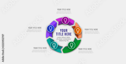 5 steps circular cycle node infographic layout design with colorful gradient curved arrow badges and central text area