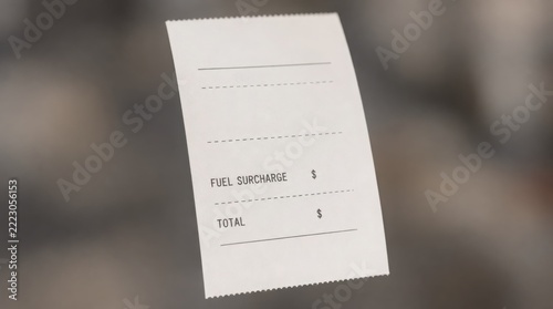 A close-up of a blank receipt showing sections for fuel surcharge and total amount, set against a blurred neutral background.