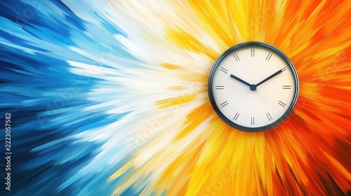 An artistic representation of a clock with Roman numerals set against a swirling backdrop of vibrant blue and orange colors, symbolizing the passage of time in a creative manner.