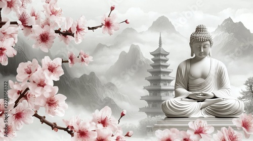 Buddha sits in meditation surrounded by vibrant flowers and a historic pagoda, with misty mountains fading into the background, evoking deep tranquility and reflection.