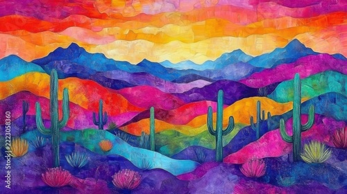 Colorful desert landscape showcasing vibrant cacti, flowers, and a stunning sunset against a dramatic sky near sand dunes