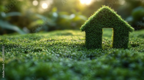 A small house made of grass sits on a vibrant patch of greenery as the sun sets in the background, illuminating the landscape with warm golden light.