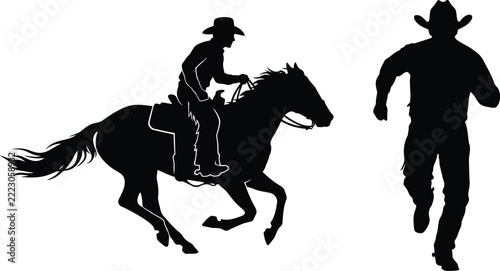 Black silhouettes of a cowboy riding a horse and a cowboy walking, western ranch theme isolated on a white background