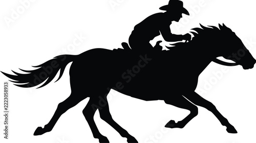 Black silhouette of a cowboy riding a galloping horse, western ranch theme of an equestrian, isolated on a white background
