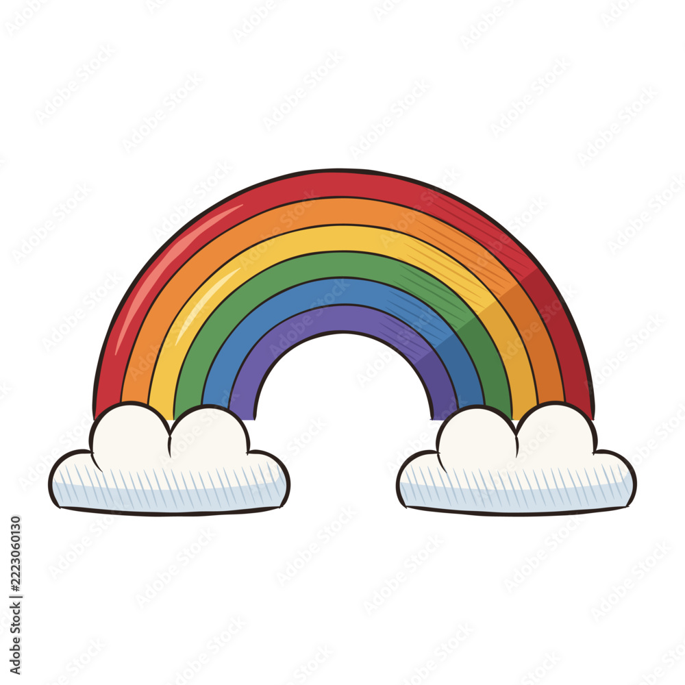 Fototapeta premium Hand Drawn Rainbow With Two Fluffy Clouds
