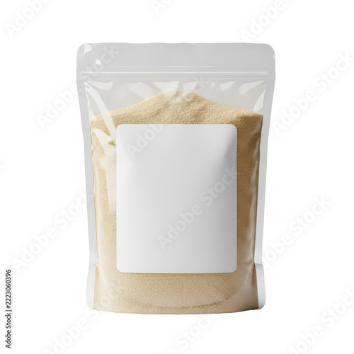 resealable pouch with brown powder on transparent background