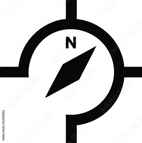 Black navigation compass icon with north direction sign for map orientation.