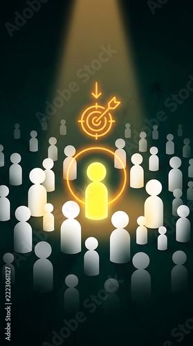 Glowing yellow figure singled out in a crowd of white peg dolls under a spotlight with target spotlighting