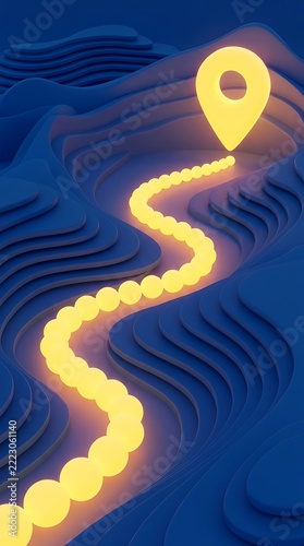 Glowing yellow location pin on a winding path across blue topographical map terrain with 3d layers navigation