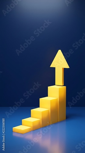 Yellow ascending bar chart blocks with an upward pointing arrow on a dark blue background, surface growth