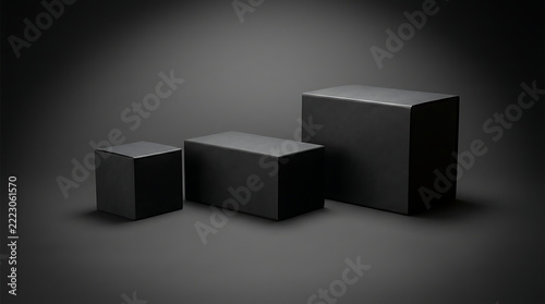 Elegant black geometric display platforms under focused light, providing a sophisticated backdrop for product presentation