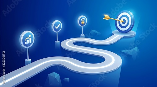 Winding 3d road leading to a target with financial and success on a bright blue background, path journey