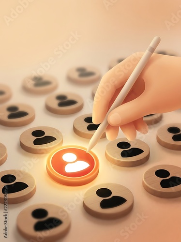 Hand using a stylus to select a glowing red human among many wooden token pieces on a light surface digital pen